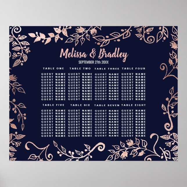 Rose Gold Floral Navy Blue Brush Seating Chart (Front)