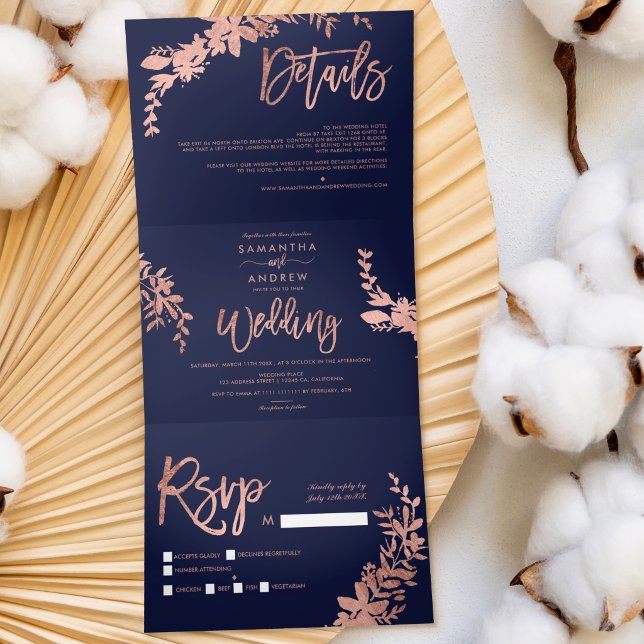 Rose gold Floral navy blue elegant script wedding Tri-Fold Invitation
