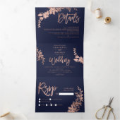 Rose gold Floral navy blue elegant script wedding Tri-Fold Invitation (Inside)