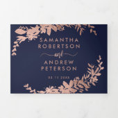 Rose gold Floral navy blue elegant script wedding Tri-Fold Invitation (Cover)