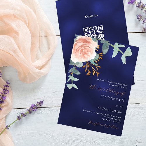 Rose gold floral navy blue QR code RSVP wedding Invitation