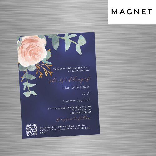Rose gold floral navy blue QR RSVP luxury wedding Magnetic Invitation