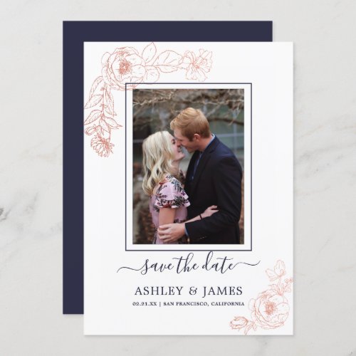 Rose Gold Floral Navy Photo Wedding Save The Date Invitation