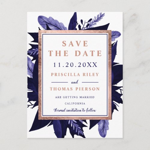 Rose Gold floral navy watercolor save the date Announcement Postcard