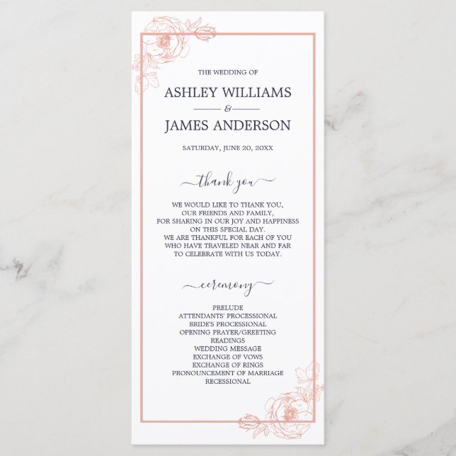Rose Gold Floral Navy Wedding Program (Front)