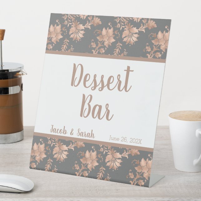 Rose Gold Floral on Gray Dessert Bar Pedestal Sign (In SItu)