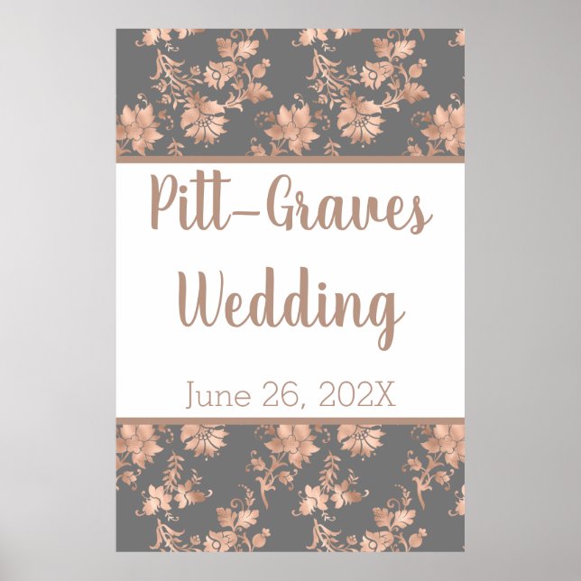 Rose Gold Floral on Gray Wedding  Poster (Front)