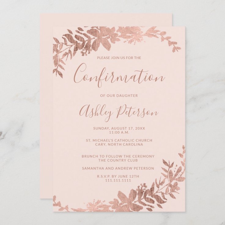 Rose gold floral pastel blush pink confirmation invitation | Zazzle