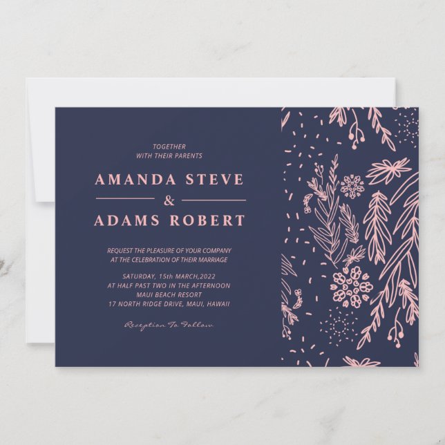 Rose Gold Floral Pattern Navy Blue Stylish Wedding Invitation (Front)