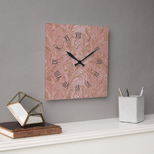 Rose-Gold Floral pattern Square Wall Clock