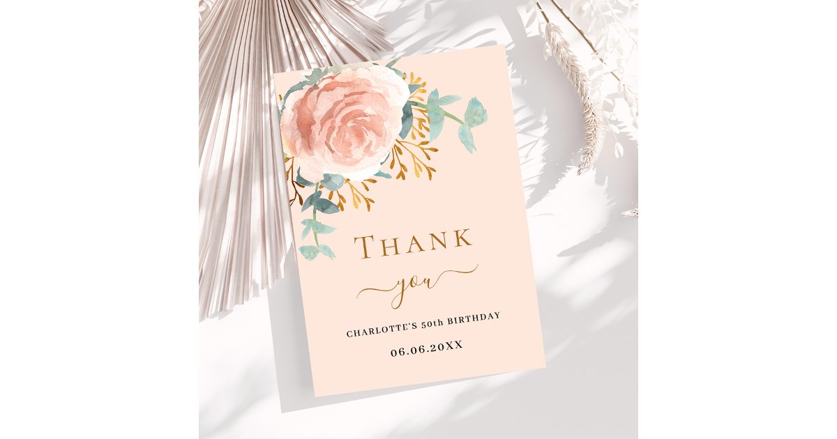 Rose gold floral peach birthday thank you card | Zazzle