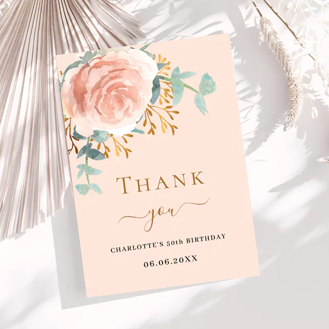 Rose gold floral peach birthday thank you card | Zazzle