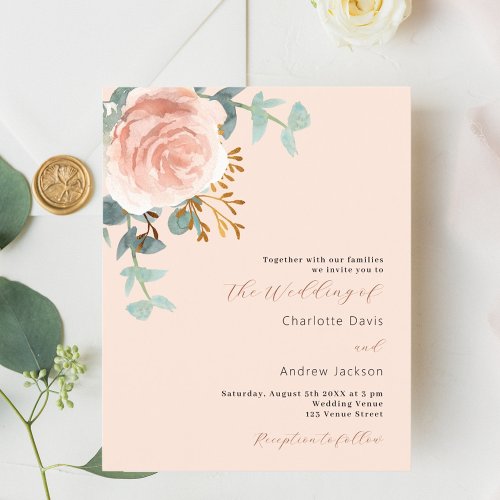 Rose gold floral peach budget wedding invitation