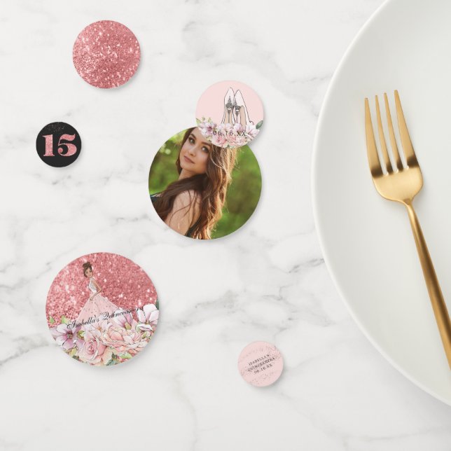 Rose Gold Floral Personalized Quinceañera Party Confetti (Group)