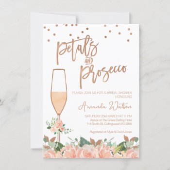 Rose Gold Floral Petals Prosecco Bridal Shower Invitation by figtreedesign at Zazzle