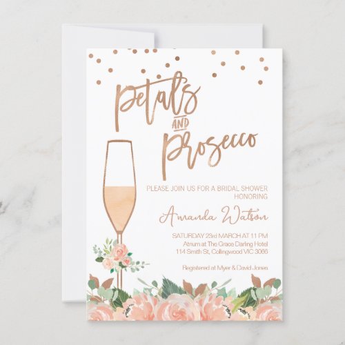 Rose Gold Floral Petals Prosecco Bridal Shower Invitation