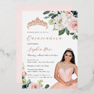 Rose Gold Floral Photo Quinceanera Foil Invitation