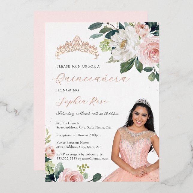 Rose Gold Floral Photo Quinceanera Foil Invitation (Front/Back)