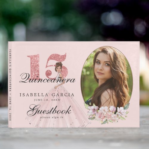 Rose Gold Floral  Photo Quinceaera Personalized Guest Book