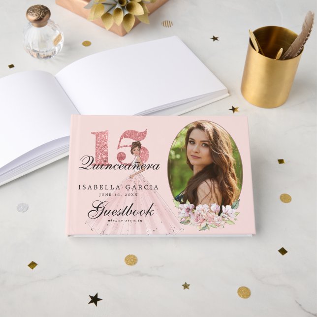Rose Gold Floral & Photo Quinceañera Personalized Guest Book (Front Open)