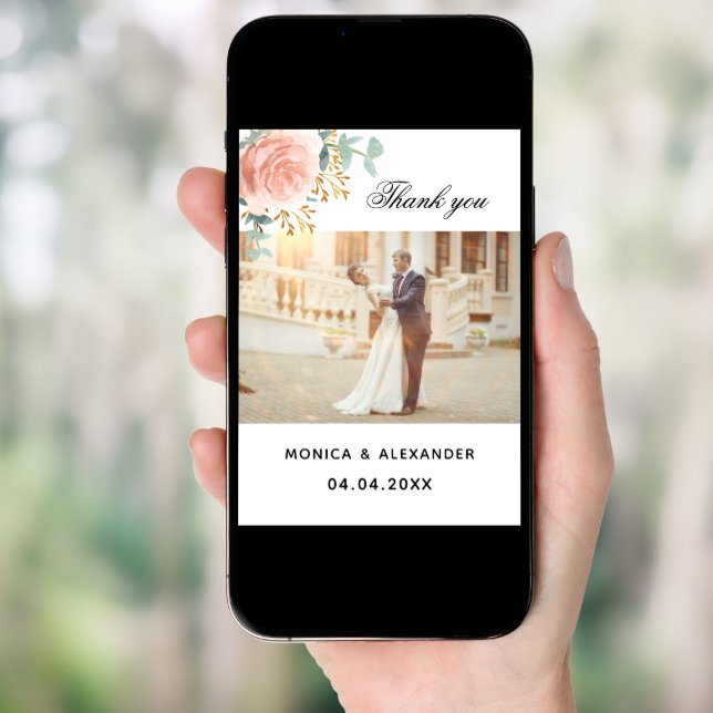 Rose gold floral photo wedding thank you card (Front Digital)