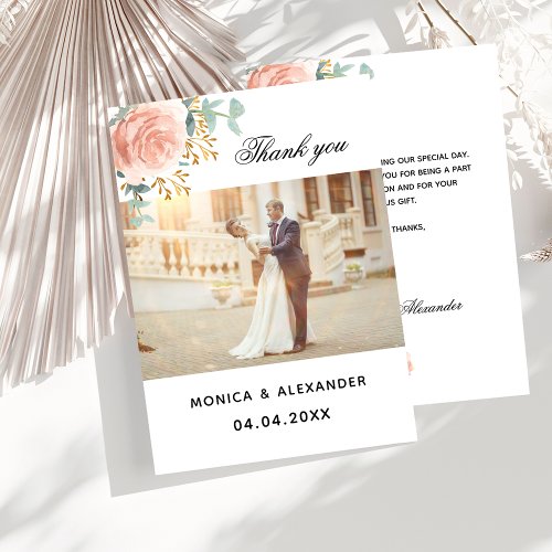 Rose gold floral photo wedding thank you card
