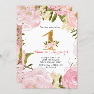 Rose gold floral pink 1st birthday invitations