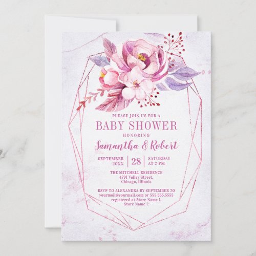 Rose Gold Floral Pink Purple Baby Girl Baby Shower Invitation
