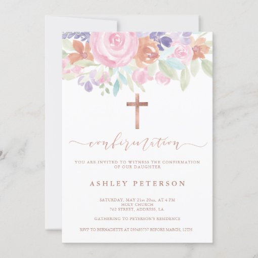 Rose gold floral pink watercolor confirmation invitation | Zazzle