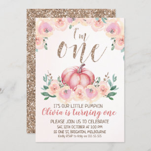 Rose Gold Floral Pumpkin 1st Birthday Invitation