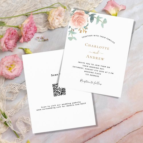 Rose gold floral QR RSVP budget wedding invitation