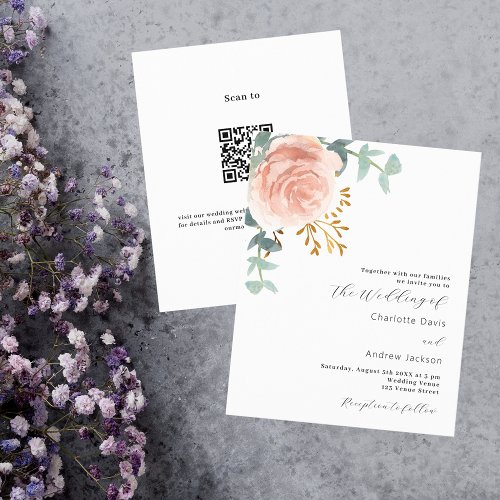 Rose gold floral QR RSVP budget wedding invitation