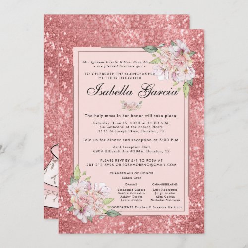 Rose Gold Floral Quinceaera Birthday Invitation