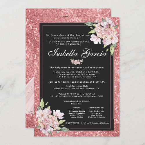 Rose Gold Floral Quinceaera Birthday Invitation