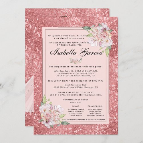 Rose Gold Floral Quinceaera Birthday Invitation