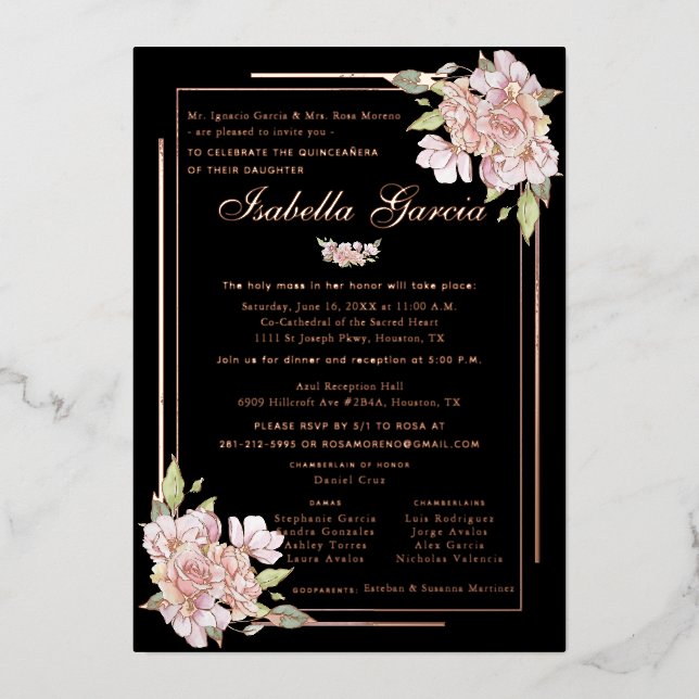 Rose Gold Floral Quinceañera Birthday Invitation Foil Invitation (Front)