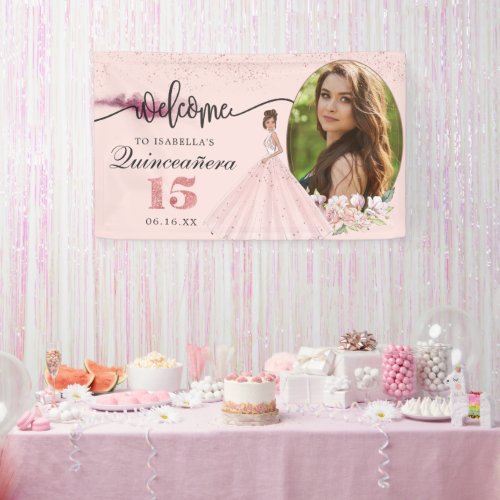Rose Gold Floral Quinceaera Birthday Welcome Sign