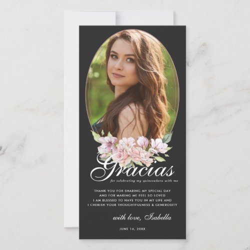 Rose Gold Floral Quinceaera Photo Thank You Card