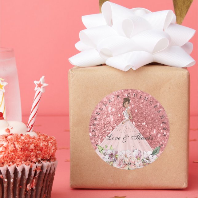 Rose Gold Floral Quinceañera Thank You Favor Classic Round Sticker (Party)