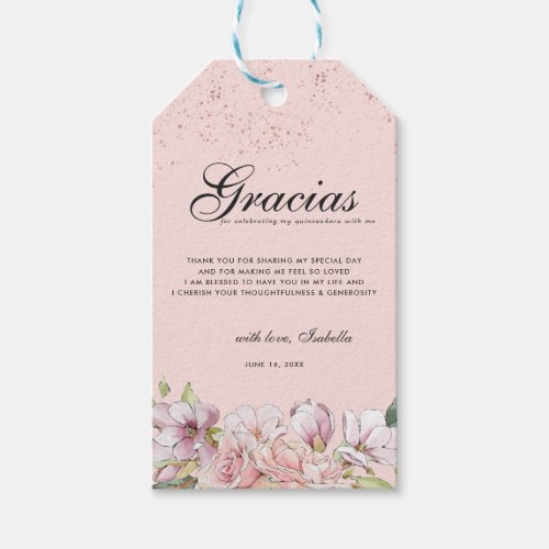 Rose Gold Floral Quinceaera Thank You Favor Tag
