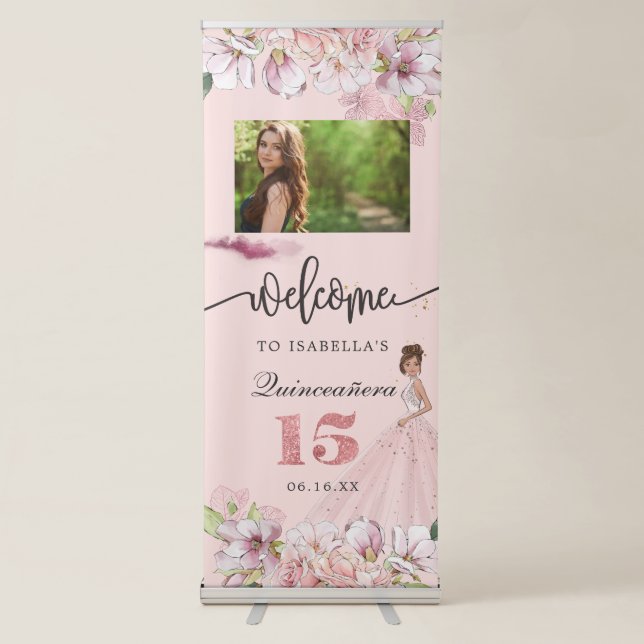 Rose Gold Floral Quinceañera Welcome Banner (Front)
