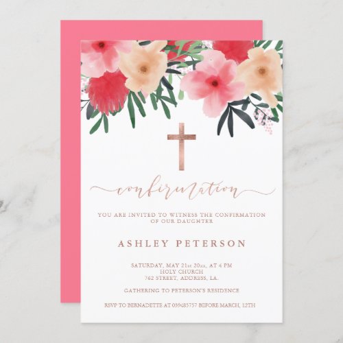 Rose gold floral red pink watercolor confirmation invitation