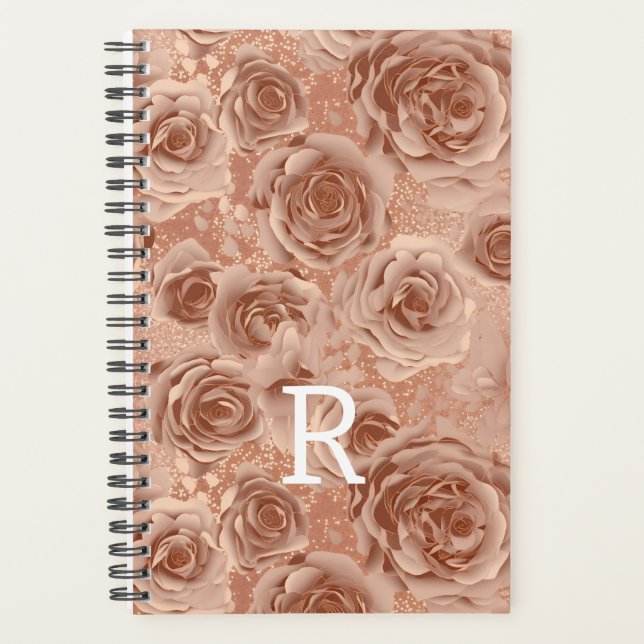 Rose Gold Floral Rose metallic Monogram Planner (Front)