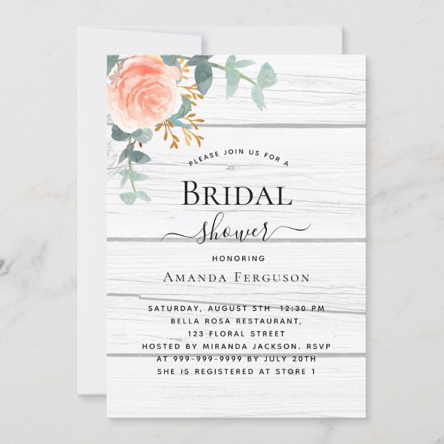 Rose gold floral rustic white wood Bridal Shower Invitation (Front)