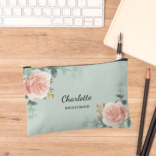 Rose gold floral sage green bridesmaid accessory pouch