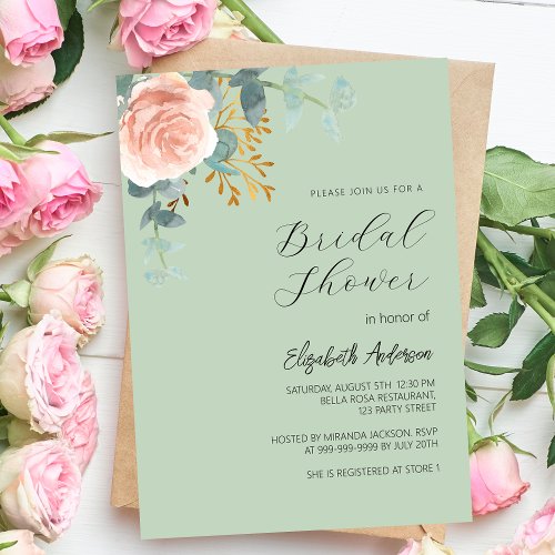 Rose gold floral sage green luxury Bridal Shower Invitation