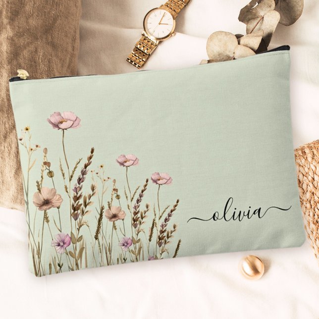 Rose Gold Floral Sage Green Name Monogram Accessory Pouch (Creator Uploaded)