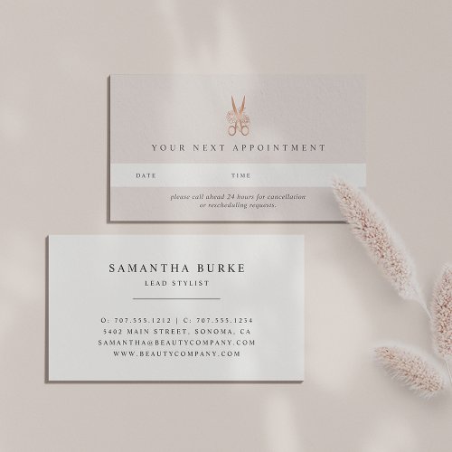 Rose Gold Floral Scissors  Hair Salon Appointment Card