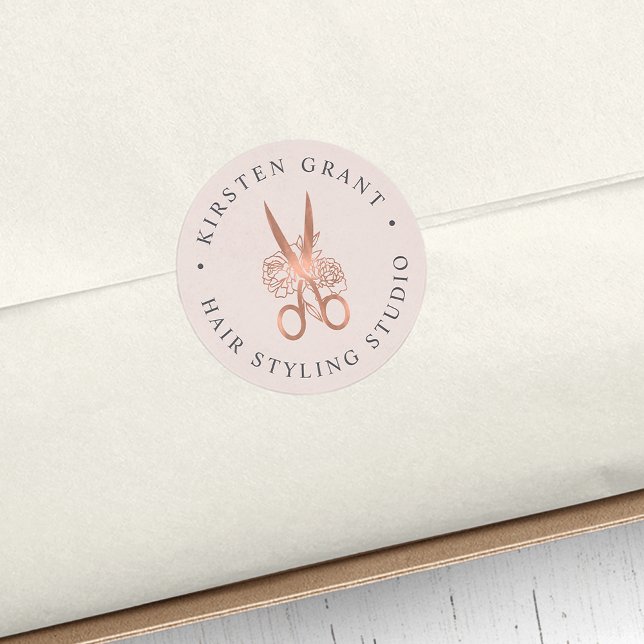 Rose Gold Floral Scissors Logo Classic Round Sticker (Creator Uploaded)