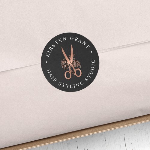 Rose Gold Floral Scissors Logo Classic Round Sticker